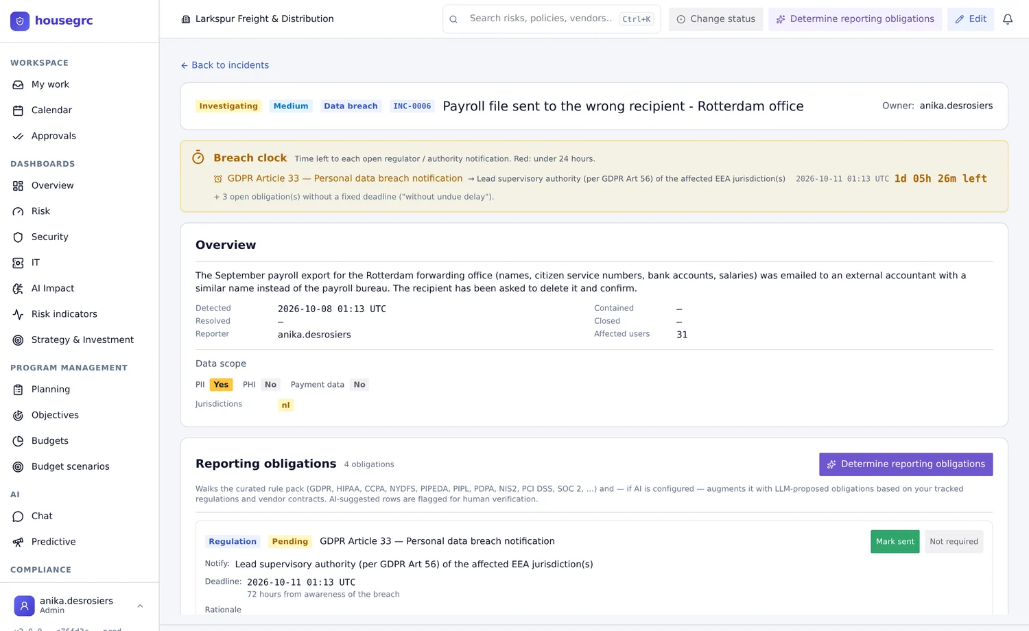 A personal data breach in a sample company: the notification deadline counting down, the data in scope and the reporting obligations